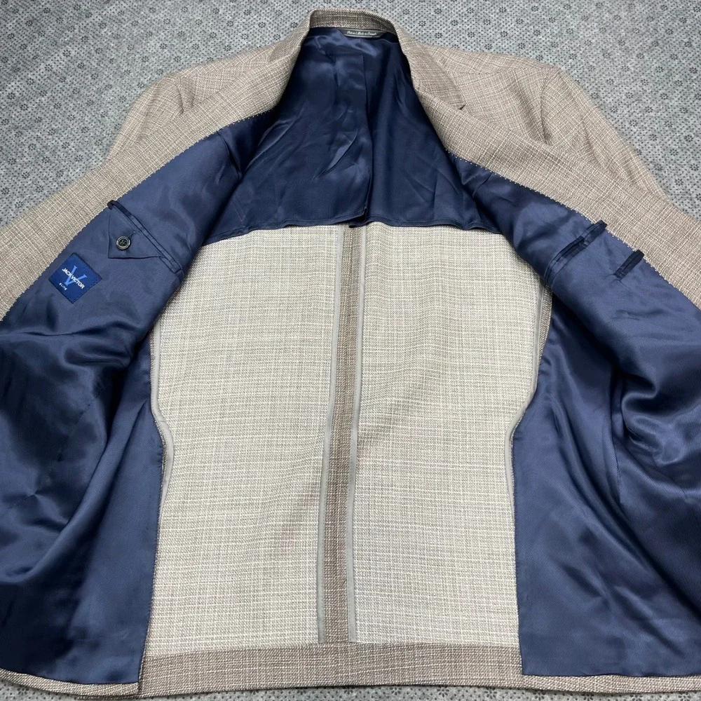Jack Victor Elite Men 46R Blazer Tan Textured Wool Lightweight Summer Sport Coat